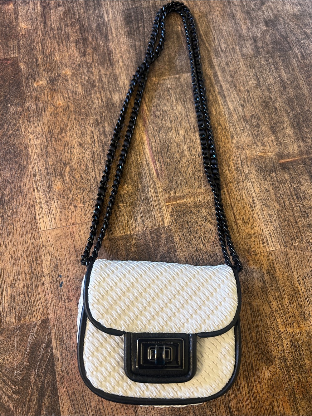 Karl Lagerfeld White Woven Crossbody with Black Trim and Chain